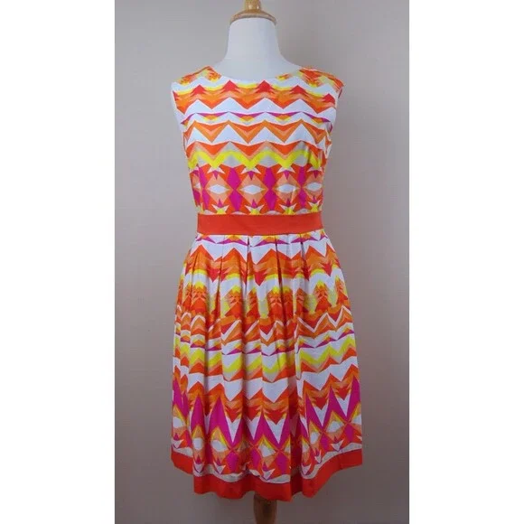 Sandra Darren Fit & Flare Pleated Dress Size 16 Knee Multicolor Sleeveless
